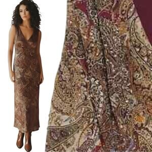 Papell Boutique Vintage 100% Silk Brown Orange Paisley Midi Dress Size Medium